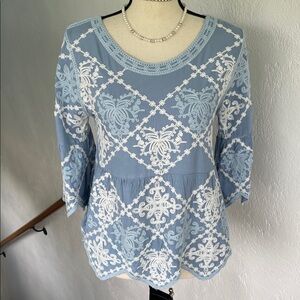 Anthropologie Brand Kindred Women Embroidered Blue white Peplum Blouse‎ Top Med